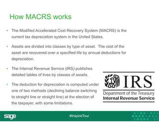 How MACRS works 
• The Modified Accelerated Cost Recovery System (MACRS) is the 
current tax depreciation system in the United States. 
• Assets are divided into classes by type of asset. The cost of the 
asset are recovered over a specified life by annual deductions for 
depreciation. 
• The Internal Revenue Service (IRS) publishes 
detailed tables of lives by classes of assets. 
• The deduction for depreciation is computed under 
one of two methods (declining balance switching 
to straight line or straight line) at the election of 
the taxpayer, with some limitations. 
#InspireTour 
 