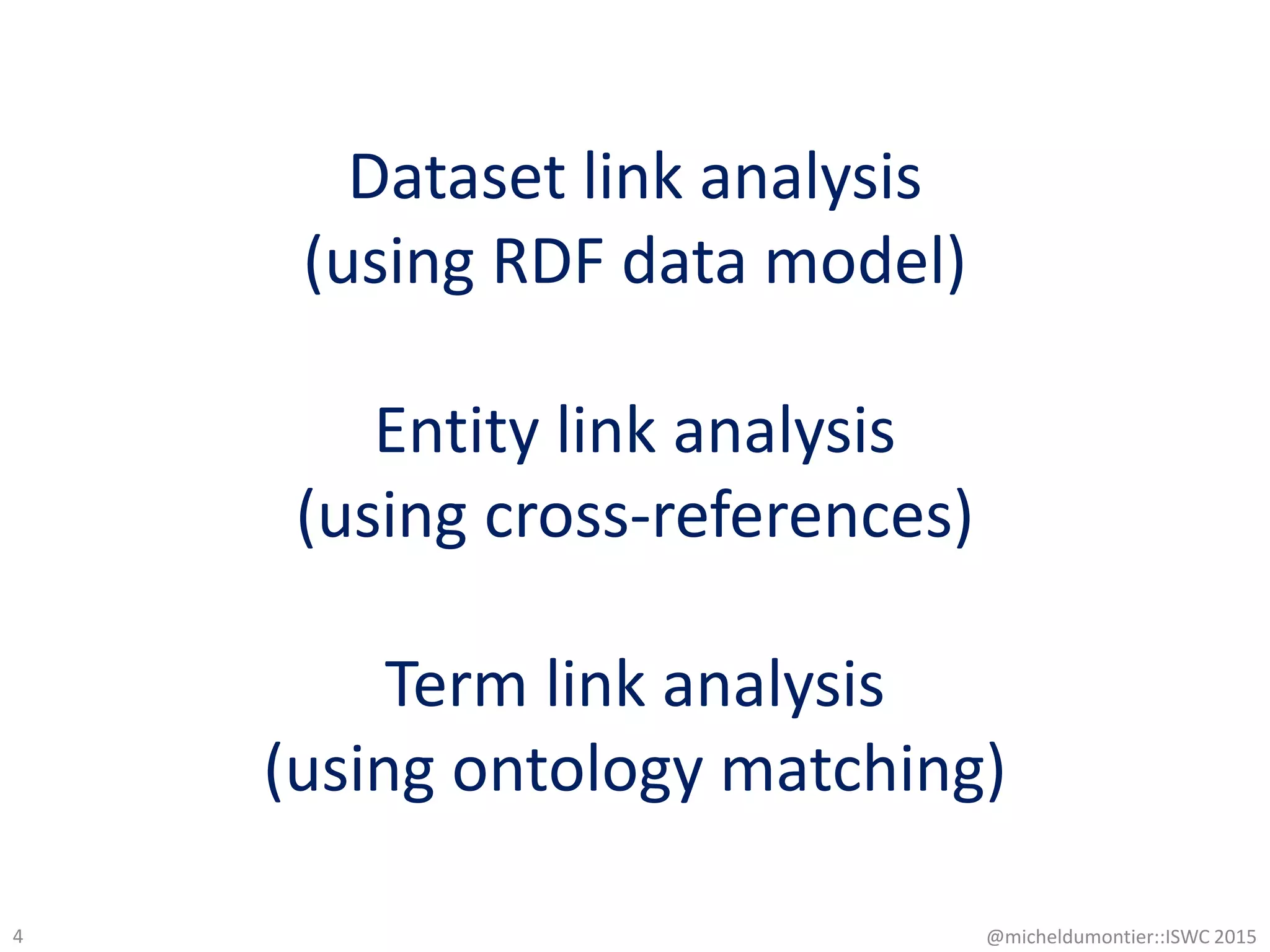 Dataset link analysis
(using RDF data model)
Entity link analysis
(using cross-references)
Term link analysis
(using ontology matching)
@micheldumontier::ISWC 20154
 