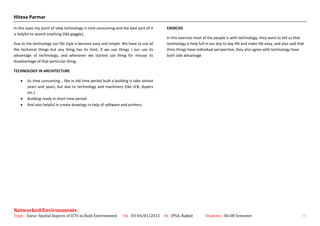 Hitexa Parmar
In this topic my point of view technology is time consuming and the best part of it
is helpful to search anything (like goggle),
Due to the technology our life style is become easy and simple. We have to use all
the technical things but any thing has its limit, if we use things I our use its
advantage of technology, and whenever we started use thing for misuse its
disadvantage of that particular thing.
TECHNOLOGY IN ARCHITECTURE
• Its time consuming... like in old time period built a building is take almost
years and years, but due to technology and machinery (like JCB, dupers
etc.)
• Building ready in short time period.
• And also helpful in create drawings in help of software and printers.
EXERCISE
In this exercise most of the people is with technology, they want to tell us that
technology is help full in our day to day life and make life easy, and also said that
thins things have individual perspective, they also agree with technology have
both side advantage
Networked Environments
Topic : Socio- Spatial Aspects of ICTs in Built Environment On : 03-04/01/2015 At : IPSA, Rajkot Students : 06-08 Semester 10
 