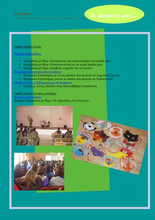 Επι ∆ράσεις
-------------------------------------------------------------------------------------------------------------------------------
Οµάδα στόχος Γονείς
Βραχείες παρεµβάσεις
παρέµβαση µε θέµα «Ενισχύοντας την αυτοεκτίµηση στα παιδιά µας»
παρέµβαση µε θέµα «Επικοινωνώντας µε τα µικρά παιδιά µας»
παρέµβαση µε θέµα «Εφηβεία, η ηλικία των αλλαγών»
Βιωµατικά Εργαστήρια 6συναντήσεων
Βιωµατικά Εργαστήρια µε γονείς παιδιών που φοιτούν σε ∆ηµοτικά Σχολεία
Βιωµατικά Εργαστήρια γονέων µε παιδιά που φοιτούν σε Νηπιαγωγεία
Οµάδα Γονέων 12Εβδοµαδιαίων συναντήσεων
Οµάδα µε γονείς Παιδιών στην Πρωτοβάθµια Εκπαίδευση
Οµάδα Στόχος Ένοπλες ∆υνάµεις
Βραχείες παρεµβάσεις
Βραχεία Παρέµβαση µε θέµα «Οι εξαρτήσεις στη Ζωή µας»
Οι ∆ράσεις µας…
 