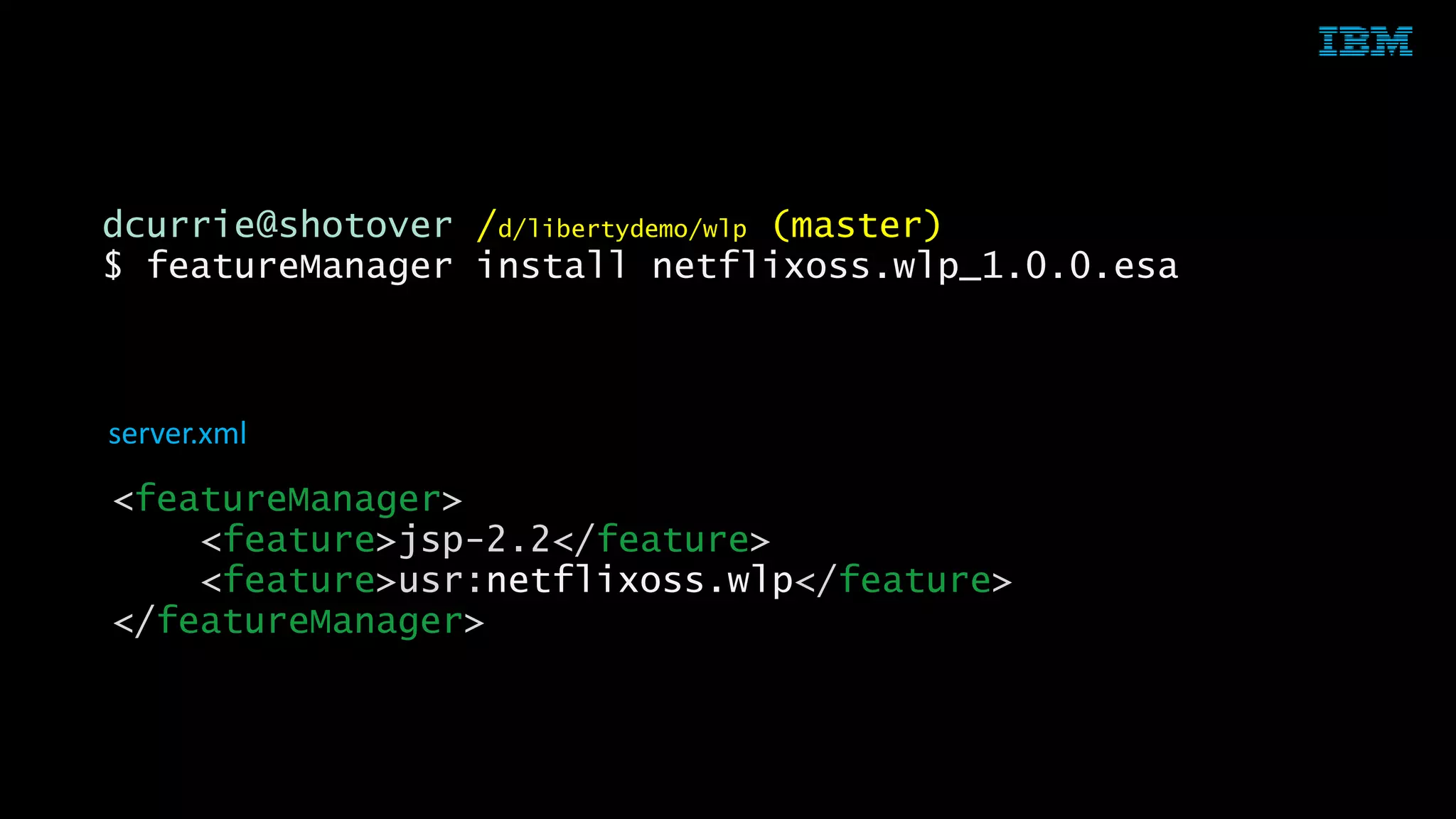 © 2015 IBM Corporation39
dcurrie@shotover /d/libertydemo/wlp (master)
$ featureManager install netflixoss.wlp_1.0.0.esa
server.xml
<featureManager>
<feature>jsp-2.2</feature>
<feature>usr:netflixoss.wlp</feature>
</featureManager>
 