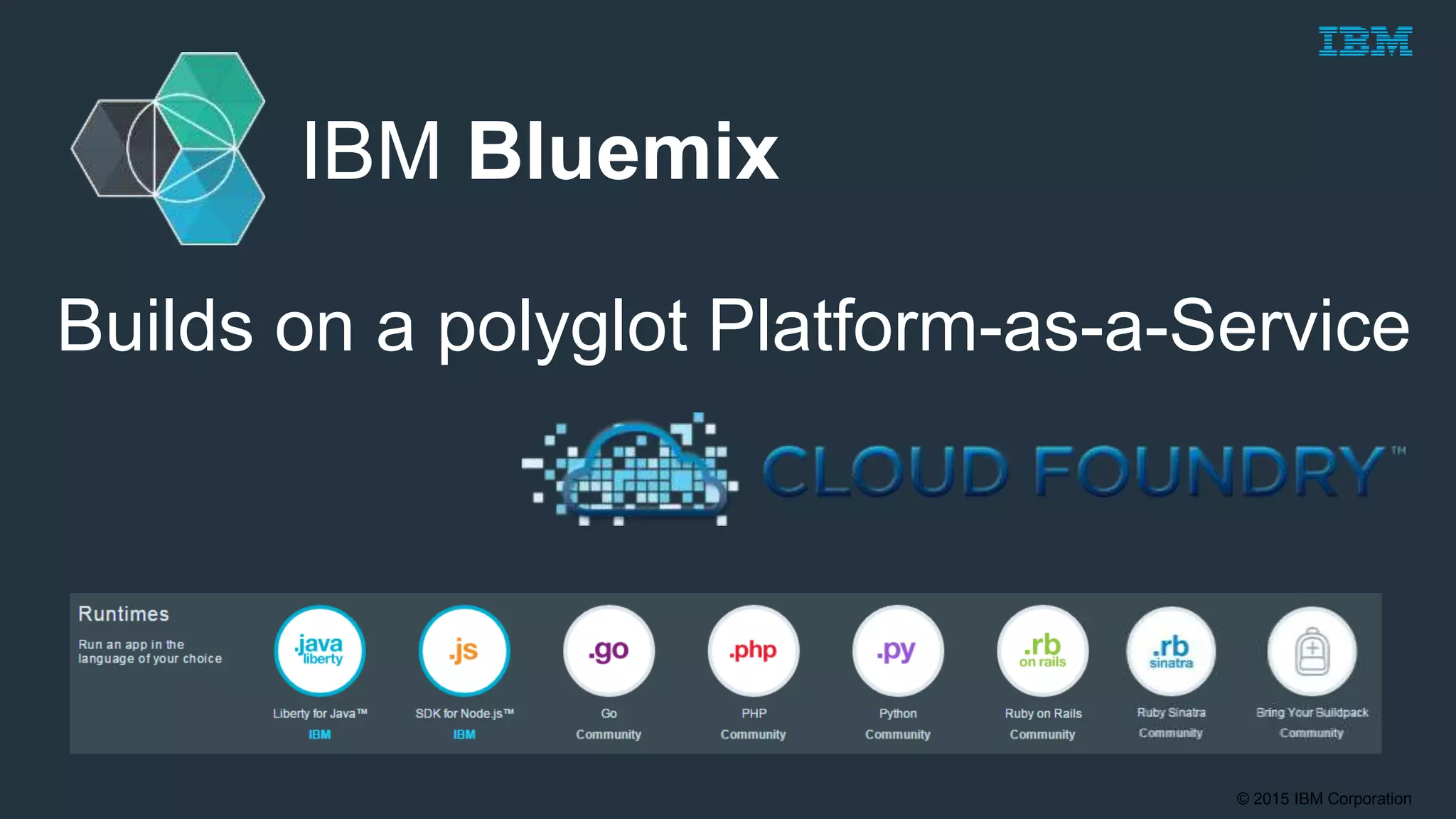 © 2015 IBM Corporation
IBM Bluemix
Builds on a polyglot Platform-as-a-Service
 