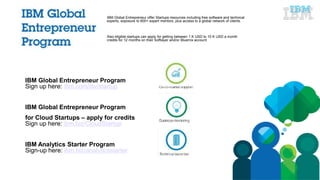 © 2015 IBM Corporation
IBM Global Entrepreneur offer Startups resources including free software and technical
experts, exposure to 600+ expert mentors, plus access to a global network of clients.
Also eligible startups can apply for getting between 1 K USD to 10 K USD a month
credits for 12 months on their Softlayer and/or Bluemix account
IBM Global Entrepreneur Program
Sign up here: ibm.com/isv/startup
IBM Global Entrepreneur Program
for Cloud Startups – apply for credits
Sign up here: ibm.biz/CloudStartup
IBM Analytics Starter Program
Sign-up here: ibm.biz/analyticsstarter
 