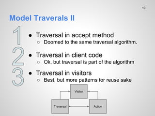 Model Traverals II
 Traversal in accept method
 Doomed to the same traversal algorithm.
10
 Traversal in client code
 Ok, but traversal is part of the algorithm
 Traversal in visitors
 Best, but more patterns for reuse sake
Traversal
Visitor
Action
 