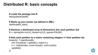 13
Distributed R: basic concepts
# Loads the package into R
library(distributedR)
# Starts up your cluster (as defined in XML)
distributedR_start()
# Declares a distributed array of dimensions 4x4, each partition 2x2
B <- darray(dim=c(4,4), blocks=c(2,2), sparse=FALSE)
# Sets each partition to a matrix containing integers == their partition ids
foreach(i, 1:npartitions(B),
init<-function(b = splits(B,i), index=i) {
b <- matrix(index, nrow=nrow(b), ncol=ncol(b))
update(b)
})
 