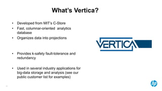 20
• Developed from MIT’s C-Store
• Fast, columnar-oriented analytics
database
• Organizes data into projections
• Provides k-safety fault-tolerance and
redundancy
• Used in several industry applications for
big-data storage and analysis (see our
public customer list for examples)
What’s Vertica?
 