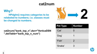 34
cat2num
Why?
HPdglm() requires categories to be
relabeled to numbers; i.e. classes must
be changed to numbers.
cat2num("bank_top_n",dsn="VerticaDSN
",dstTable="bank_top_n_num")
3
Pet Type Number
‘Cat’ 0
‘Dog’ 1
‘Fish’ 2
‘Snake’ 3
 