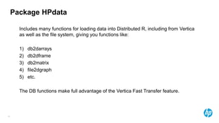 42
Package HPdata
Includes many functions for loading data into Distributed R, including from Vertica
as well as the file system, giving you functions like:
1) db2darrays
2) db2dframe
3) db2matrix
4) file2dgraph
5) etc.
The DB functions make full advantage of the Vertica Fast Transfer feature.
 