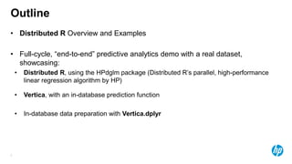 5
Outline
• Distributed R Overview and Examples
• Full-cycle, “end-to-end” predictive analytics demo with a real dataset,
showcasing:
• Distributed R, using the HPdglm package (Distributed R’s parallel, high-performance
linear regression algorithm by HP)
• Vertica, with an in-database prediction function
• In-database data preparation with Vertica.dplyr
 