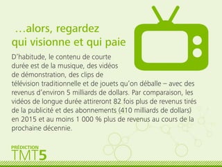 …alors, regardez
qui visionne et qui paie
D’habitude, le contenu de courte
durée est de la musique, des vidéos
de démonstration, des clips de
télévision traditionnelle et de jouets qu’on déballe – avec des
revenus d’environ 5 milliards de dollars. Par comparaison, les
vidéos de longue durée attireront 82 fois plus de revenus tirés
de la publicité et des abonnements (410 milliards de dollars)
en 2015 et au moins 1 000 % plus de revenus au cours de la
prochaine décennie.
TMT5
PRÉDICTION
 