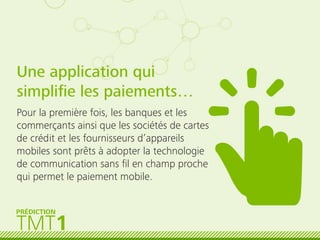 Une application qui
simpliﬁe les paiements…
Pour la première fois, les banques et les
commerçants ainsi que les sociétés de cartes
de crédit et les fournisseurs d’appareils
mobiles sont prêts à adopter la technologie
de communication sans ﬁl en champ proche
qui permet le paiement mobile.
TMT1
PRÉDICTION
 
