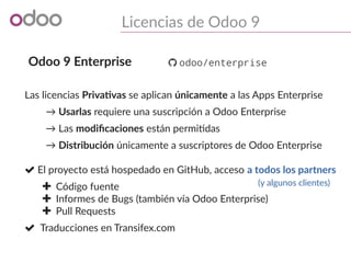 Licencias de Odoo 9
Odoo 9 Enterprise
Las licencias Privativas se aplican únicamente a las Apps Enterprise
→ Usarlas requiere una suscripción a Odoo Enterprise
→ Las modificaciones están permitidas
→ Distribución únicamente a suscriptores de Odoo Enterprise
 El proyecto está hospedado en GitHub, acceso a todos los partners
 Código fuente
 Informes de Bugs (también vía Odoo Enterprise)
 Pull Requests
 Traducciones en Transifex.com
 odoo/enterprise
(y algunos clientes)
 