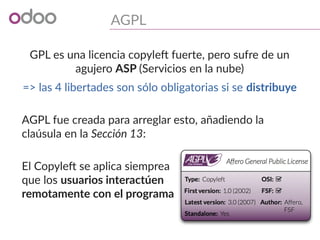 AGPL
GPL es una licencia copyleft fuerte, pero sufre de un
agujero ASP (Servicios en la nube)
=> las 4 libertades son sólo obligatorias si se distribuye
AGPL fue creada para arreglar esto, añadiendo la
claúsula en la Sección 13:
El Copyleft se aplica siemprea
que los usuarios interactúen
remotamente con el programa
 