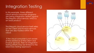 Integration Testing
In this example, three different
cloud service consumer programs
are being integration tested against
the Reports cloud service, which is
an SaaS product.
The Reports cloud service itself relies
on the Client and Invoice services
that are also hosted within the
cloud.
If the cloud consumer is not aware
of the existence of the Client and
Invoice services, then its integration
testing efforts may be limited to the
black box testing approach.
 