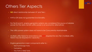 Others Tier Aspects
 NO direct relationship between N" and Tiers ;
 N+R or 2N does not guarantee functionality;
 For Tier III and IV, engine-generator systems are considered the source of reliable
power for the data center (utility power is an economic alternative);
 The utility power system does not have to be Concurrently Maintainable
 Multiple utility feeds for redundancy are NOT required for any Tier ( multiple utility
feeds may be required for capacity) ;
 Engine generators major components refer to :
 Bulk Fuel Storage Tanks
 Fuel piping
 Day Tanks or Belly Tanks
 