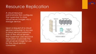 Resource Replication
A cloud resource
administrator first configures
the hypervisor to store
virtual server images via a
storage device.
Upon a request of a cloud
service consumer to access
a cloud service hosted by
one of the virtual servers,
the hypervisor uses resource
replication to provide the
virtual server image for use
by the cloud service
consumer.
 