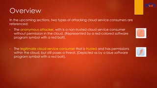 Overview
In the upcoming sections, two types of attacking cloud service consumers are
referenced:
• The anonymous attacker, with is a non-trusted cloud service consumer
without permission in the cloud. (Represented by a red-colored software
program symbol with a red bolt).
• The legitimate cloud service consumer that is trusted and has permissions
within the cloud, but still poses a threat. (Depicted as by a blue software
program symbol with a red bolt).
 