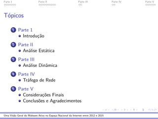 Parte 1 Parte II Parte III Parte IV Parte V
T´opicos
1 Parte 1
Introduc¸˜ao
2 Parte II
An´alise Est´atica
3 Parte III
An´alise Dinˆamica
4 Parte IV
Tr´afego de Rede
5 Parte V
Considerac¸˜oes Finais
Conclus˜oes e Agradecimentos
Uma Vis˜ao Geral do Malware Ativo no Espac¸o Nacional da Internet entre 2012 e 2015
 