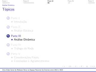 Parte 1 Parte II Parte III Parte IV Parte V
An´alise Dinˆamica
T´opicos
1 Parte 1
Introduc¸˜ao
2 Parte II
An´alise Est´atica
3 Parte III
An´alise Dinˆamica
4 Parte IV
Tr´afego de Rede
5 Parte V
Considerac¸˜oes Finais
Conclus˜oes e Agradecimentos
Uma Vis˜ao Geral do Malware Ativo no Espac¸o Nacional da Internet entre 2012 e 2015
 