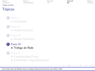 Parte 1 Parte II Parte III Parte IV Parte V
Tr´afego de Rede
T´opicos
1 Parte 1
Introduc¸˜ao
2 Parte II
An´alise Est´atica
3 Parte III
An´alise Dinˆamica
4 Parte IV
Tr´afego de Rede
5 Parte V
Considerac¸˜oes Finais
Conclus˜oes e Agradecimentos
Uma Vis˜ao Geral do Malware Ativo no Espac¸o Nacional da Internet entre 2012 e 2015
 
