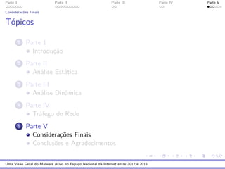 Parte 1 Parte II Parte III Parte IV Parte V
Considerac¸˜oes Finais
T´opicos
1 Parte 1
Introduc¸˜ao
2 Parte II
An´alise Est´atica
3 Parte III
An´alise Dinˆamica
4 Parte IV
Tr´afego de Rede
5 Parte V
Considerac¸˜oes Finais
Conclus˜oes e Agradecimentos
Uma Vis˜ao Geral do Malware Ativo no Espac¸o Nacional da Internet entre 2012 e 2015
 