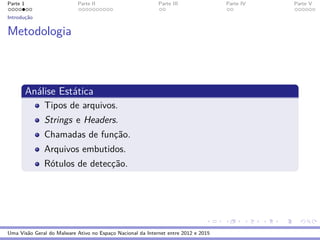 Parte 1 Parte II Parte III Parte IV Parte V
Introduc¸˜ao
Metodologia
An´alise Est´atica
Tipos de arquivos.
Strings e Headers.
Chamadas de func¸˜ao.
Arquivos embutidos.
R´otulos de detecc¸˜ao.
Uma Vis˜ao Geral do Malware Ativo no Espac¸o Nacional da Internet entre 2012 e 2015
 