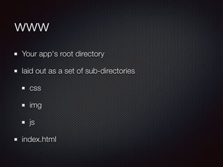www
Your app's root directory
laid out as a set of sub-directories
css
img
js
index.html
 