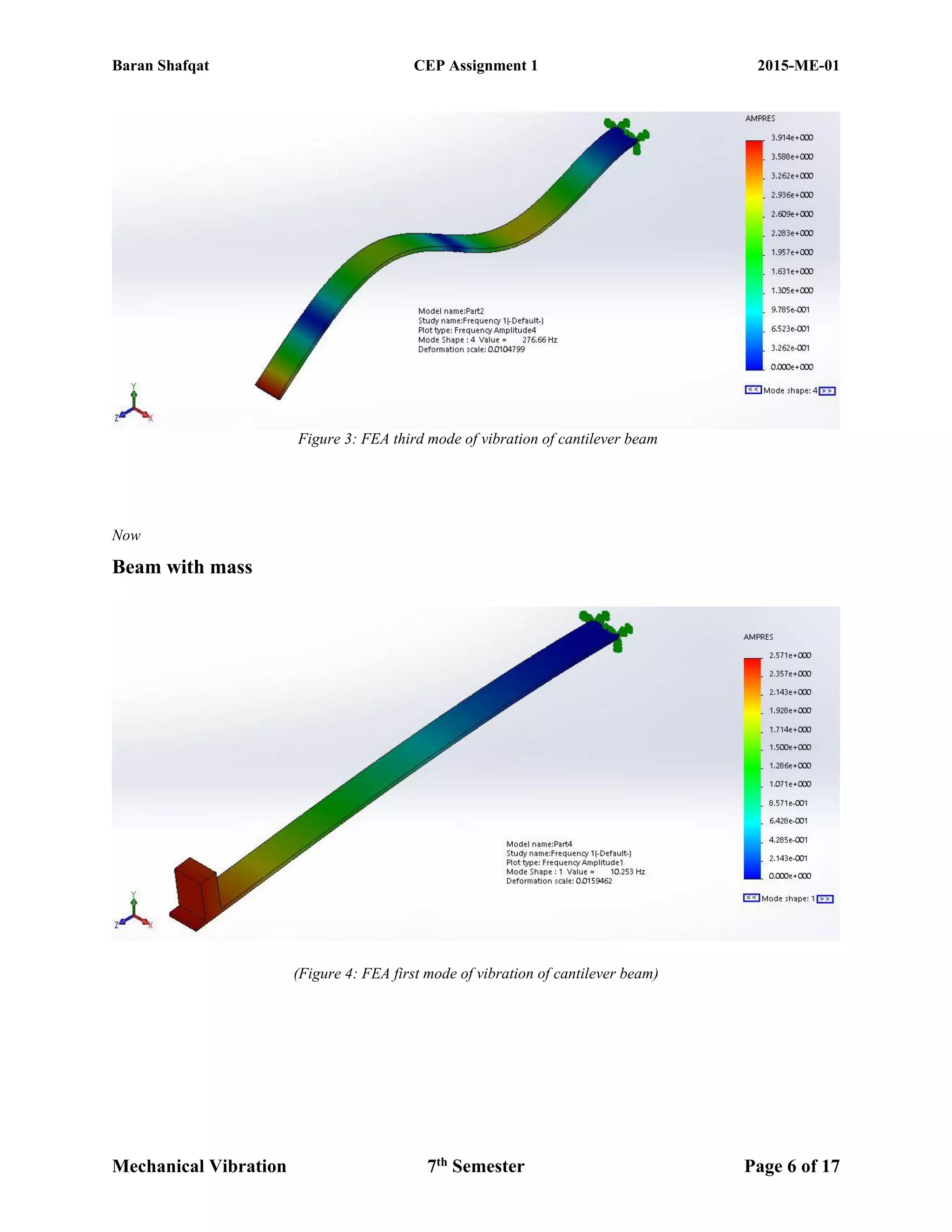 Baran Shafqat CEP Assignment 1 2015-ME-01
Mechanical Vibration 7th
Semester Page 6 of 17
Figure 3: FEA third mode of vibration of cantilever beam
Now
Beam with mass
(Figure 4: FEA first mode of vibration of cantilever beam)
 