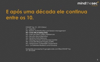 E após uma década ele continua
entre os 10.
8
OWASP Top 10 – 2013 (New)
A1 – Injection
A2 – Broken Authentication and Session Management
A3 – Cross-Site Scripting (XSS)
A4 – Insecure Direct Object References
A5 – Security Misconfiguration
A6 – Sensitive Data Exposure
A7 – Missing Function Level Access Control
A8 – Cross-Site Request Forgery (CSRF)
A9 – Using Known Vulnerable Components
A10 – Unvalidated Redirects and Forwards
Fonte:http://owasptop10.googlecode.com/files/OWASP Top
10 - 2013.pdf
 