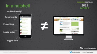© Searchmetrics. All rights reserved. Do not distribute without permission. @marcustober
In a nutshell
RANKING FACTORS
2015
MOBILE
≠
Fewer words
mobile-friendly?
Fewer links
Loads faster
Bigger fonts
 