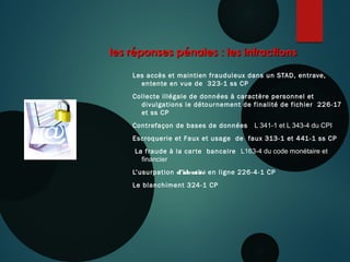les réponses pénales : les infractionsles réponses pénales : les infractions
Les accès et maintien frauduleux dans un STAD, entrave,
entente en vue de 323-1 ss CP
Collecte illégale de données à caractère personnel et
divulgations le détournement de finalité de fichier 226-17
et ss CP
Contrefaçon de bases de données L 341-1 et L 343-4 du CPI
Escroquerie et Faux et usage de faux 313-1 et 441-1 ss CP
La fraude à la carte bancaire L163-4 du code monétaire et
financier
L’usurpation d’identité en ligne 226-4-1 CP
Le blanchiment 324-1 CP
 