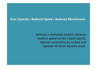 Over	
  Capacity	
  =	
  Reduced	
  Speed	
  =	
  Reduced	
  EﬀecHveness	
  
	
  
	
  
	
  
Without	
  a	
  dedicated	
  medium-­‐distance	
  
medium-­‐speed	
  service	
  (rapid	
  transit),	
  
capacity	
  constraints	
  on	
  surface	
  and	
  
regional	
  rail	
  levels	
  become	
  acute.	
  
 
