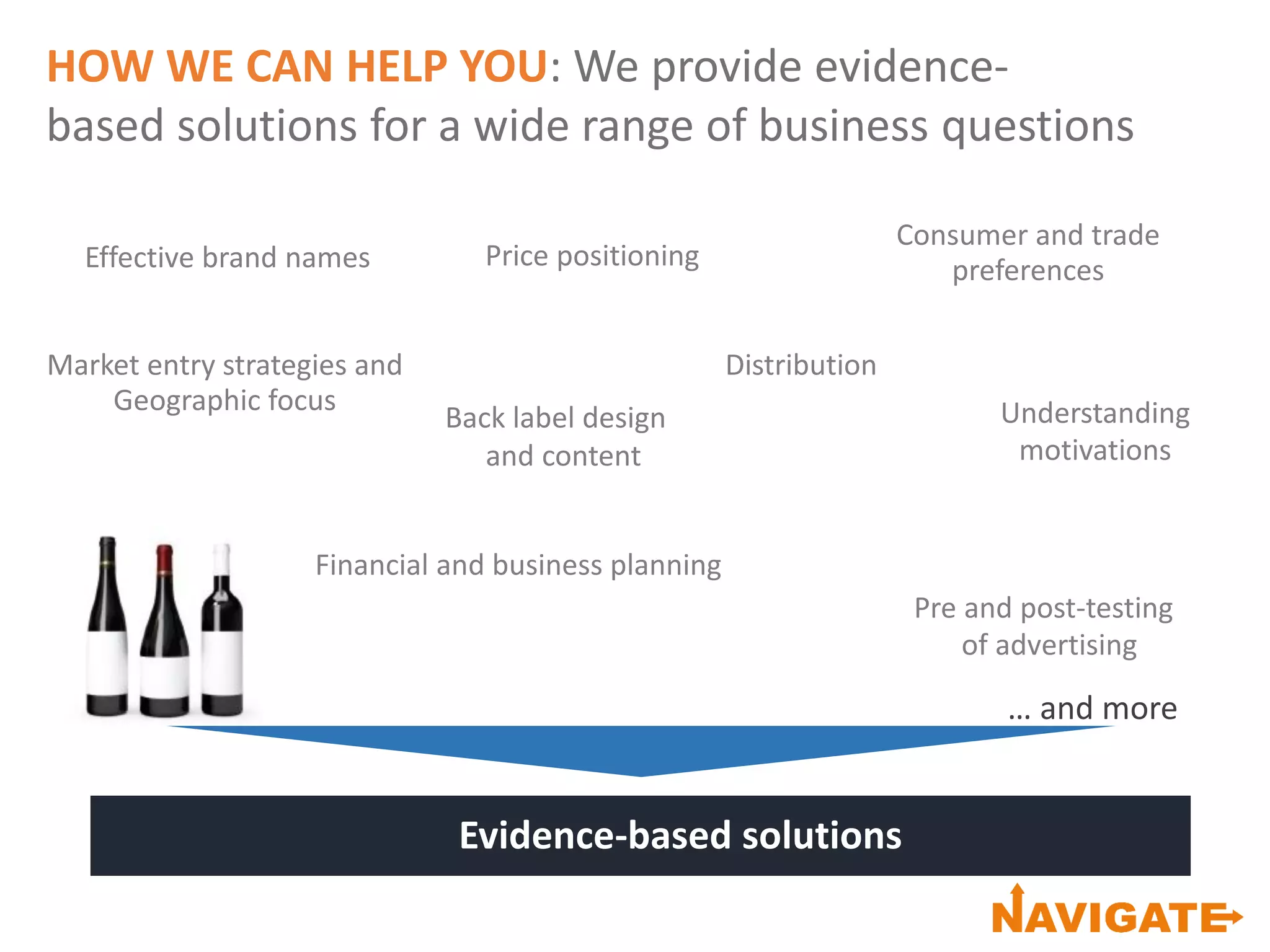 Effective brand names
HOW WE CAN HELP YOU: We provide evidence-
based solutions for a wide range of business questions
Back label design
and content
Pre and post-testing
of advertising
… and more
Financial and business planning
Consumer and trade
preferencesPrice positioning
Evidence-based solutions
Market entry strategies and
Geographic focus
Distribution
Understanding
motivations
 