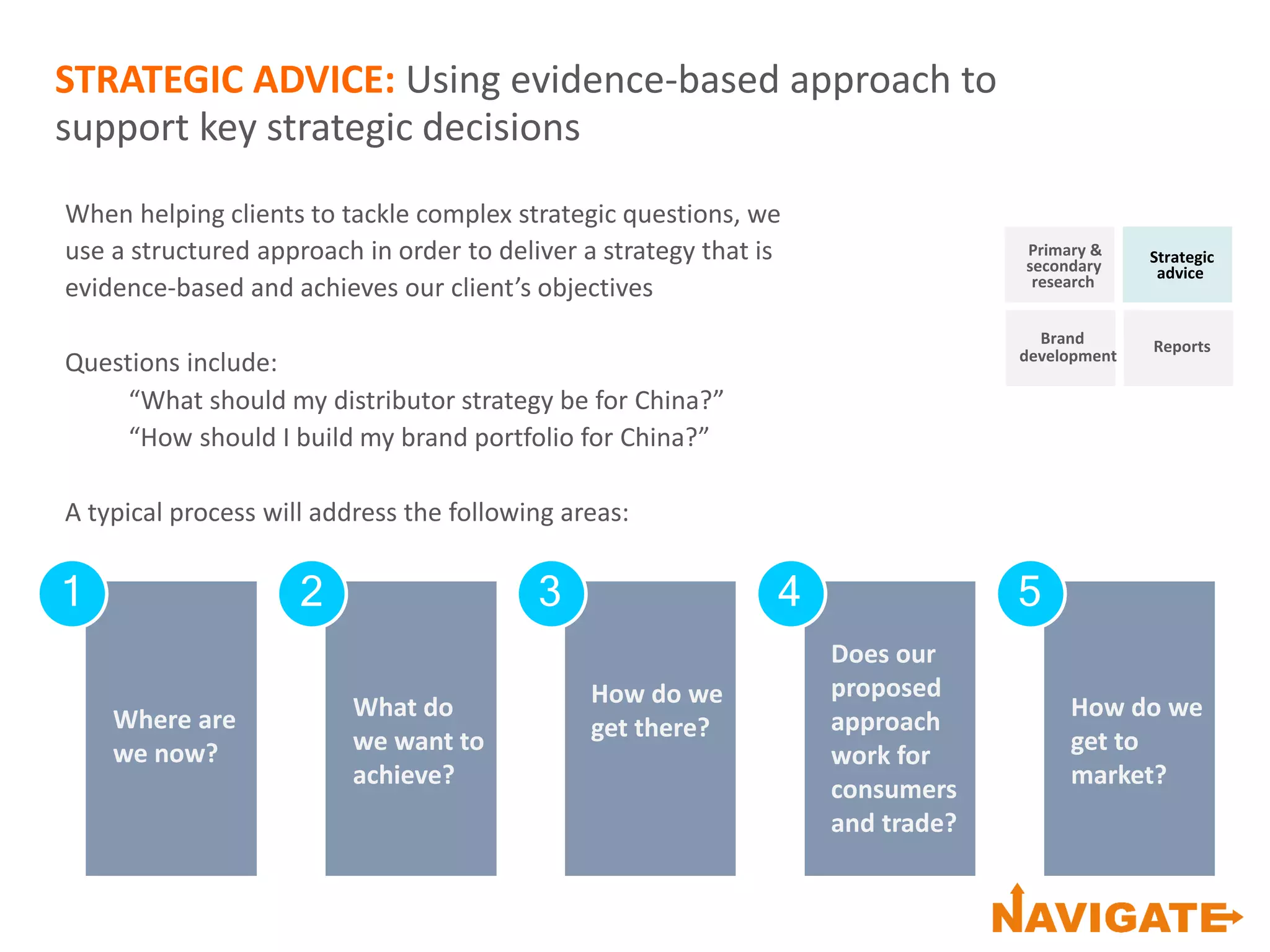 STRATEGIC ADVICE: Using evidence-based approach to
support key strategic decisions
Primary &
secondary
research
Brand
development
Strategic
advice
Reports
When helping clients to tackle complex strategic questions, we
use a structured approach in order to deliver a strategy that is
evidence-based and achieves our client’s objectives
Questions include:
“What should my distributor strategy be for China?”
“How should I build my brand portfolio for China?”
A typical process will address the following areas:
Where are
we now?
1
What do
we want to
achieve?
2
How do we
get there?
3
Does our
proposed
approach
work for
consumers
and trade?
4
How do we
get to
market?
5
 