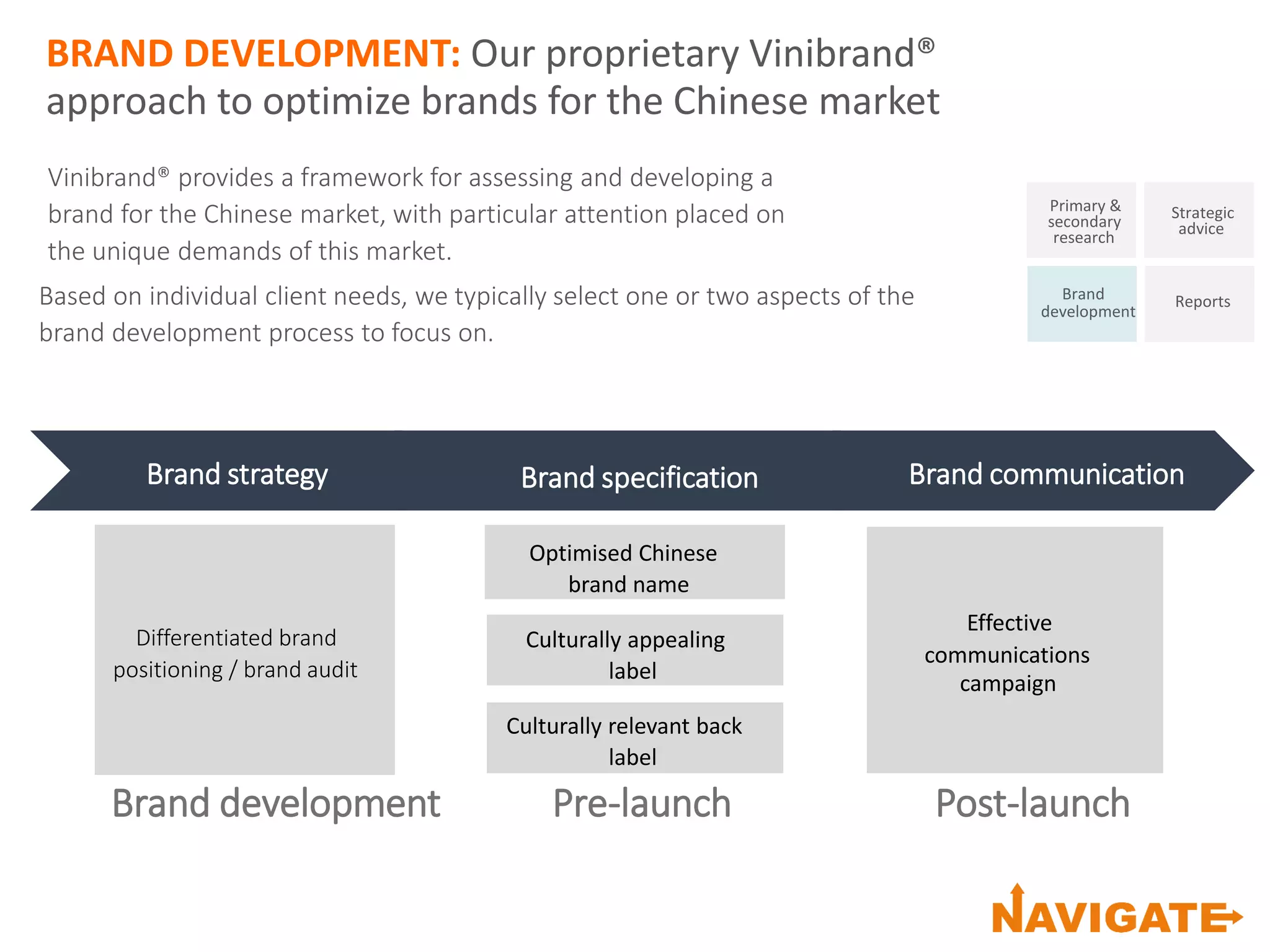 BRAND DEVELOPMENT: Our proprietary Vinibrand®
approach to optimize brands for the Chinese market
Primary &
secondary
research
Brand
development
Strategic
advice
Reports
Brand development Pre-launch Post-launch
Brand strategy
Differentiated brand
positioning / brand audit
Brand specification
Optimised Chinese
brand name
Culturally appealing
label
Culturally relevant back
label
Brand communication
Effective
communications
campaign
Vinibrand® provides a framework for assessing and developing a
brand for the Chinese market, with particular attention placed on
the unique demands of this market.
Based on individual client needs, we typically select one or two aspects of the
brand development process to focus on.
 