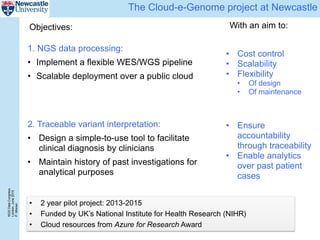 NGSDataCongress
London,June2015
P.Misiser
The Cloud-e-Genome project at Newcastle
1. NGS data processing:
• Implement a flexible WES/WGS pipeline
• Scalable deployment over a public cloud
• Cost control
• Scalability
• Flexibility
• Of design
• Of maintenance
• Ensure
accountability
through traceability
• Enable analytics
over past patient
cases
2. Traceable variant interpretation:
• Design a simple-to-use tool to facilitate
clinical diagnosis by clinicians
• Maintain history of past investigations for
analytical purposes
Objectives: With an aim to:
• 2 year pilot project: 2013-2015
• Funded by UK’s National Institute for Health Research (NIHR)
• Cloud resources from Azure for Research Award
 