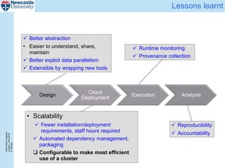 NGSDataCongress
London,June2015
P.Misiser
Lessons learnt
Design
Cloud
Deployment
Execution Analysis
 Better abstraction
• Easier to understand, share,
maintain
 Better exploit data parallelism
 Extensible by wrapping new tools
• Scalability
 Fewer installation/deployment
requirements, staff hours required
 Automated dependency management,
packaging
 Configurable to make most efficient
use of a cluster
 Runtime monitoring
 Provenance collection
 Reproducibility
 Accountability
 
