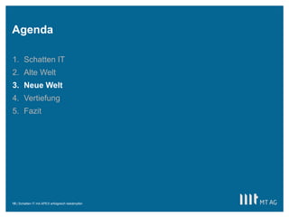 ||
Agenda
Schatten IT mit APEX erfolgreich bekämpfen15
1. Schatten IT
2. Alte Welt
3. Neue Welt
4. Vertiefung
5. Fazit
 