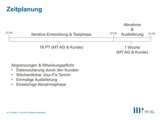 |
Zeitplanung
Schatten IT mit APEX erfolgreich bekämpfen17
Iterative Entwicklung & Testphase
Abnahme
&
Auslieferung 01.0527.0403.04
18 PT (MT AG & Kunde) 1 Woche
(MT AG & Kunde)
Abgrenzungen & Mitwirkungspflicht
• Datensicherung durch den Kunden
• Wöchentlicher Jour-Fix Termin
• Einmalige Auslieferung
• Einwöchige Abnahmephase
 