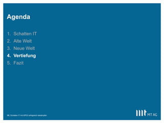 ||
Agenda
Schatten IT mit APEX erfolgreich bekämpfen18
1. Schatten IT
2. Alte Welt
3. Neue Welt
4. Vertiefung
5. Fazit
 