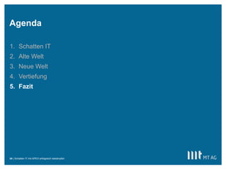 ||
Agenda
Schatten IT mit APEX erfolgreich bekämpfen34
1. Schatten IT
2. Alte Welt
3. Neue Welt
4. Vertiefung
5. Fazit
 