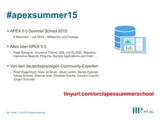 |
#apexsummer15
 APEX 5.0 Summer School 2015
- 8 Webinare – Juli 2015 – Mittwochs und Freitags
 Alles über APEX 5.0
- Page Designer, Universal Theme, SQL und PL/SQL, Migration,
Interactive Reports, Plug-Ins, Sample Applications und mehr …
 Von den deutschsprachigen Community-Experten
- Peter Raganitsch, Niels de Bruijn, Oliver Lemm, Denes Kubicek,
Tobias Arnhold, Dietmar Aust, Christian Rokitta, Carsten Czarski,
Jürgen Schuster
Schatten IT mit APEX erfolgreich bekämpfen36
tinyurl.com/orclapexsummerschool
 