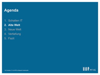 ||
Agenda
Schatten IT mit APEX erfolgreich bekämpfen9
1. Schatten IT
2. Alte Welt
3. Neue Welt
4. Vertiefung
5. Fazit
 