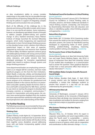 29Difficult Challenge
on data visualization’s ability to convey complex
relationships to the public that are not possible through
traditional forms of reporting. Dialogs like this are paving
the way for policies in support of integrating complex
thinking and communication into core activities.
Much of the difficulty of this challenge lies in the
diversity and intricacy of the skills it entails, which means
there is no one-size-fits-all solution. Some institutions,
however, are developing specialized schools of thought
to address complex problem-solving and systemic
change. In 2012, Stanford University’s Hasso Plattner
Institute of Design launched the d.school fellowship
program, which invites burgeoning and experienced
professionals to learn formal design-thinking processes
as they develop human-centric solutions that influence
systems-level impact in their areas of expertise.
Supported by instruction and resources from Stanford
and Silicon Valley, the fellows represent a diverse group
of multidisciplinary thinkers with strong communication
skills.Amongthe2014-15d.schoolfellowsarejournalists,
artists, educators, and public servants that have
developed prototypes for innovative organizational
models they intend to reinforce through systems and
design-thinking processes.161
Some departmental leaders are emphasizing communi-
cation as an integral skill for scientists, and have made
significant progress on this front for their institutions.
Robert Bazell, a molecular, cellular, and developmental
virology professor atYale University was instrumental in
the development and implementation of a novel, four-
course program at his institution for postdoctoral and
graduate students in the sciences that focus on presen-
tation and public speaking. Bazell, the former chief sci-
ence and health correspondent for NBC News, said that
he was intent on starting the program to develop Yale’s
emerging scientists as competent communicators.162
Focused on improvisation and acting games, the ses-
sions have earned positive feedback from the students
who have expressed their satisfaction with gaining new-
found perspectives and understanding of their fields.
For Further Reading
Thefollowingresourcesarerecommendedforthosewho
wish to learn more about teaching complex thinking:
Thinking Chair
go.nmc.org/chair
(Colleen Flaherty, Inside Higher Ed, 16 September 2014.)
RIT has developed an endowed chair to promote critical
thinking. This person works closely with faculty to bring
them together across disciplines around addressing
issues with and better incorporating applied critical
thinking. > Policy
TheNationalCouncilforExcellenceinCriticalThinking
go.nmc.org/ncect
(CriticalThinking, accessed 5 January 2015.)The National
Council for Excellence in Critical Thinking seeks to
articulate, preserve, and foster intellectual standards in
critical thinking research, scholarship, and instruction
by disseminating information that aids educators and
others in identifying quality critical thinking programs
and approaches. > Leadership
Natural Born Engineers
go.nmc.org/born
(Kate Parker, E&T, 22 October 2014.) Examining studies
from around the world on the role of habits of mind in
education systems, the Centre for Real-World Learning
developed six engineering habits of mind: systems
thinking, problem-finding, visualizing, improving,
creative problem-solving, and adapting. > Leadership
The Persuasive Power of Data Visualization
go.nmc.org/nyviz
(Anshul Vikram Pandey et al., New York University Public
Law and Legal Theory Working Papers, July 2014.) A
group of researchers from New York University School
of Law studied data visualization as a communication
tool to answer the question: “Does graphical depiction
of data have a more persuasive effect than textual or
tabular information?”> Practice
PhD Candidate Makes Complex Scientific Research
Sound Simple
go.nmc.org/tomlin
(Paula Katinas, Brooklyn Daily Eagle, 21 April 2014.)
A young scientist won the National FameLab USA
competition, a contest that challenges students to
present their research in a way that can be easily
understood by the general public. > Practice
UW Interactive Data Lab
go.nmc.org/idl
(University of Washington, accessed 5 January 2015.)
Faculty and students at the University of Washington’s
Interactive Data Lab design new interactive systems for
data visualization and analysis for domains ranging from
large-scale text analysis to population genomics.
> Practice
Why Systems Thinking Is the Next Step in
Sustainability
go.nmc.org/sysinc
(Maureen Kline, Inc., 23 October 2014.) An expert in
corporate sustainability and social responsibility writes
about the “fourth wave” in sustainability — systems
thinking — an approach that frames problems and
solutions in terms of systems, which rely on cooperation
and coordination to effect dramatic change. > Practice
 