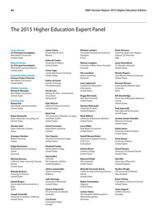 48	 NMC Horizon Report: 2015 Higher Education Edition
The 2015 Higher Education Expert Panel
Larry Johnson
Co-Principal Investigator
New Media Consortium
United States
Malcolm Brown
Co-Principal Investigator
EDUCAUSE Learning Initiative
United States
Samantha Adams Becker
Horizon Project Director
New Media Consortium
United States
Michele Cummins
Research Manager
New Media Consortium
United States
Veronica Diaz
Researcher
EDUCAUSE Learning Initiative
United States
_______________________________
Bryan Alexander
Bryan Alexander Consulting, LLC
United States
Kumiko Aoki
Open University of Japan
Japan
Armagan Ateskan
Bilkent University
Turkey
Helga Bechmann
Multimedia Kontor Hamburg
GmbH
Germany
Michael Berman
California State University Channel
Islands
United States
Melody Buckner
University of Arizona
United States
Daniel Burgos
Universidad Internacional de La
Rioja
Spain
Joseph Cevetello
University of Southern California
United States
Jaime Chaire
Universidad da Vinci
Mexico
Deborah Cooke
University of Oregon
United States
Crista Copp
Loyola Marymount University
United States
Esther de Groot
Utrecht University
The Netherlands
Eva de Lera
Raising the Floor - International
Association
Switzerland
Kyle Dickson
Abilene Christian University
United States
Mark Fink
The University of Nevada, Las Vegas
and NSHE System
United States
Vivian Forssman
Royal Roads University
Canada
Tom Haymes
Houston Community College
United States
Elizabeth Hodas
Harvey Mudd College
United States
Paul Hollins
CETIS/IEC
The University of Bolton
United Kingdom
Jefrina Jamaluddin
Taylor’s University
Malaysia
Jolie Kennedy
University of Minnesota
United States
Denise Kirkpatrick
The University of Adelaide
Australia
Lisa Koster
Conestoga College
Canada
Michael Lambert
Concordia International School of
Shanghai
China
Melissa Langdon
University of Notre Dame Australia
Australia
Ole Lauridsen
Aarhus University
Denmark
Joan Lippincott
Coalition for Networked
Information
United States
Peggy McCready
New York University
United States
Damian McDonald
University Of Leeds
United Kingdom
Mark Millard
University of Wisconsin-Madison
United States
Larry Miller
New Media Consortium
United States
Rudolf Mumenthaler
University of Applied Sciences,
HTW Chur
Switzerland
Andrea Nixon
Carleton College
United States
Edward O’Neill
Yale University
United States
Michelle Pacansky-Brock
California State University Channel
Islands
United States
Ruben Puentedura
Hippasus
United States
Jochen Robes
HQ Interaktive Mediensysteme/
Weiterbildungsblog
Germany
Paolo Romano
Università degli studi “Magna
Graecia” di Catanzaro
Italy
Jason Rosenblum
St. Edward’s University
United States
Wendy Shapiro
Case Western Reserve University
United States
Ramesh Sharma
Indira Gandhi National Open
University
India
Bill Shewbridge
University of Maryland, Baltimore
County
United States
Paul Signorelli
Paul Signorelli & Associates
United States
Cynthia Sistek-Chandler
National University
United States
Kathy Smart
University of North Dakota
United States
Anna Stoute
University of Miami
United States
David Thomas
University of Colorado Denver
United States
Neil Witt
University of Plymouth
United Kingdom
Noeline Wright
The University of Waikato
New Zealand
Brian Yuhnke
Case Western Reserve University
United States
Jason Zagami
Griffith University
Australia
 
