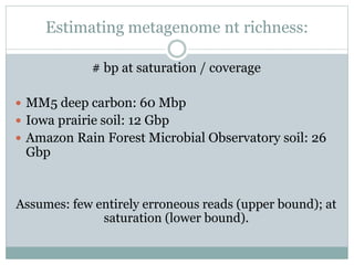 Estimating metagenome nt richness:
# bp at saturation / coverage
 MM5 deep carbon: 60 Mbp
 Iowa prairie soil: 12 Gbp
 Amazon Rain Forest Microbial Observatory soil: 26
Gbp
Assumes: few entirely erroneous reads (upper bound); at
saturation (lower bound).
 