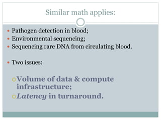 Similar math applies:
 Pathogen detection in blood;
 Environmental sequencing;
 Sequencing rare DNA from circulating blood.
 Two issues:
Volume of data & compute
infrastructure;
Latency in turnaround.
 