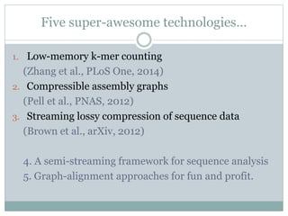 Five super-awesome technologies…
1. Low-memory k-mer counting
(Zhang et al., PLoS One, 2014)
2. Compressible assembly graphs
(Pell et al., PNAS, 2012)
3. Streaming lossy compression of sequence data
(Brown et al., arXiv, 2012)
4. A semi-streaming framework for sequence analysis
5. Graph-alignment approaches for fun and profit.
 