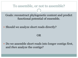 To assemble, or not to assemble?
Goals: reconstruct phylogenetic content and predict
functional potential of ensemble.
 Should we analyze short reads directly?
OR
 Do we assemble short reads into longer contigs first,
and then analyze the contigs?
 