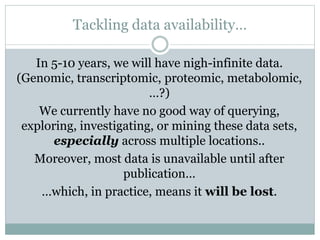 Tackling data availability…
In 5-10 years, we will have nigh-infinite data.
(Genomic, transcriptomic, proteomic, metabolom...